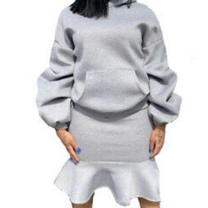 Hoodie Long Puff Sleeves Pocket Ruffled Set. Small